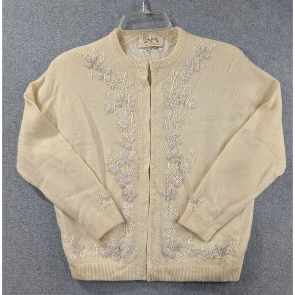Vintage Stewarts Sweater Womens SZ M Angora & Wool Cardigan W/ Beaded Embroidery - Picture 1 of 8